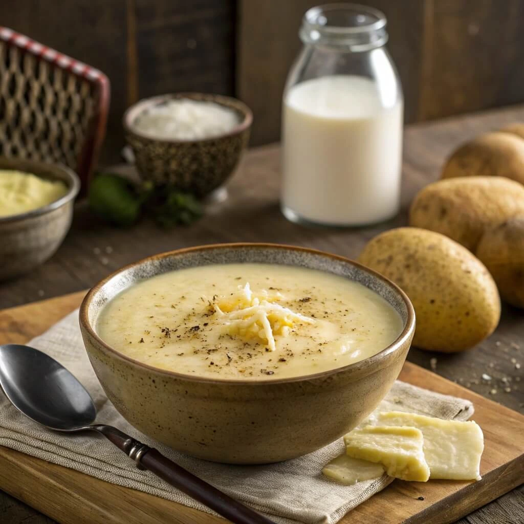 4 ingredient potato soup with mashed potatoes and a dollop of sour cream on top