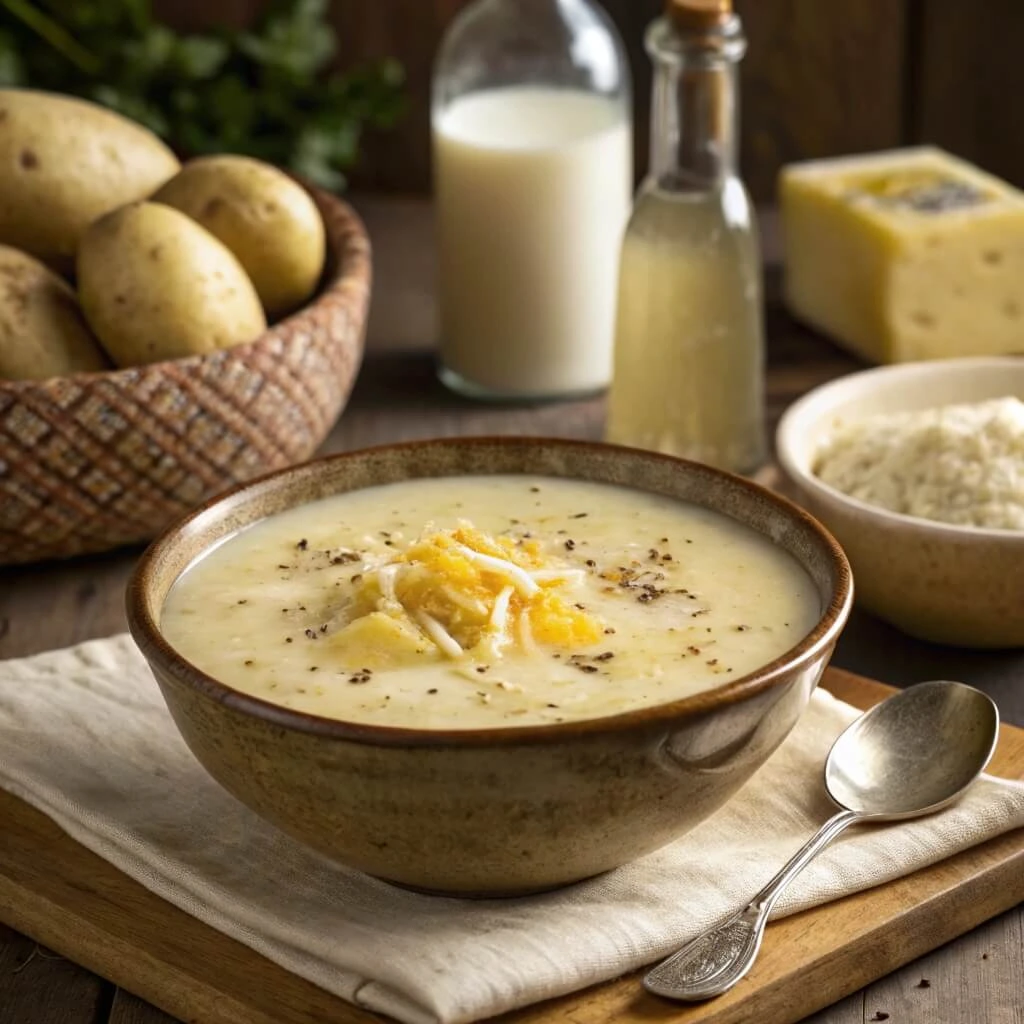 4 ingredient potato soup with crumbled crackers and cheese toppings