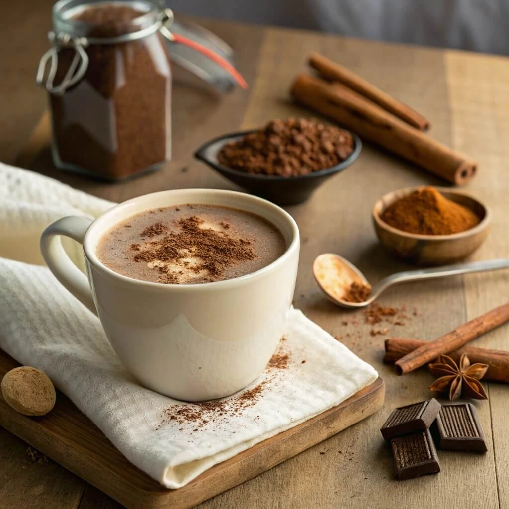 Bone broth hot chocolate topped with cinnamon and cacao powder