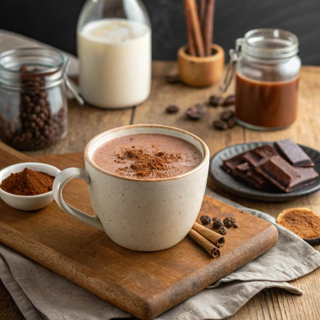 Bone broth hot chocolate ingredients laid out on a wooden kitchen counter