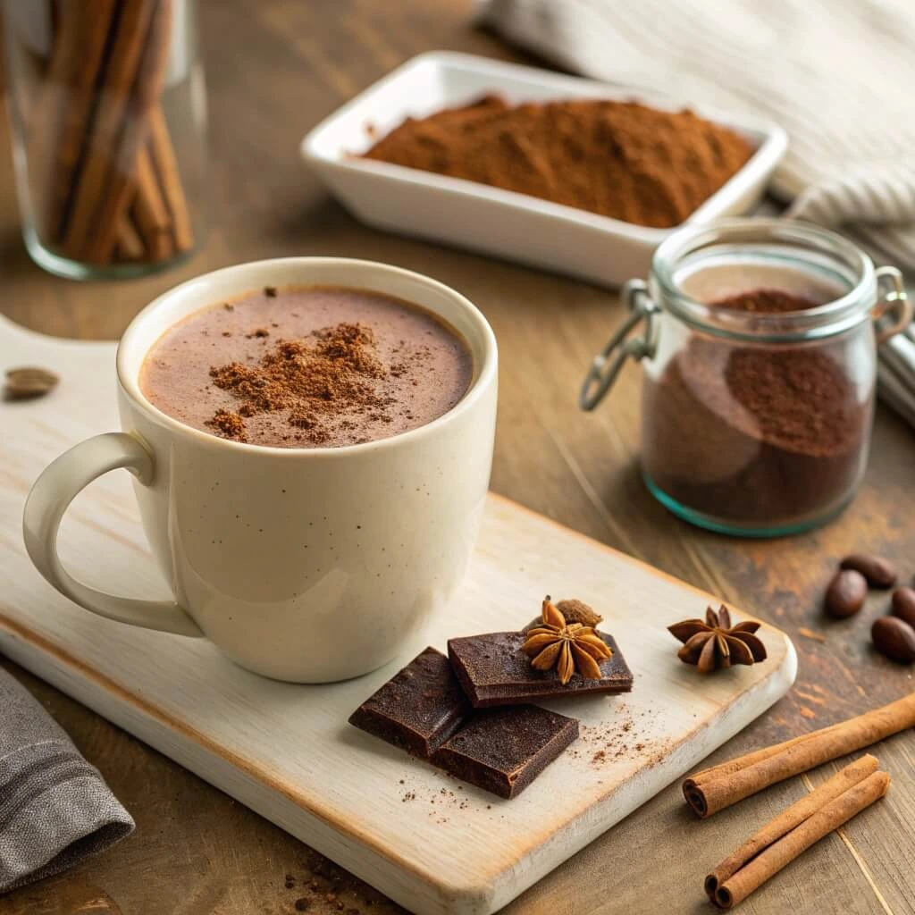 Close-up of a steaming mug of bone broth hot chocolate