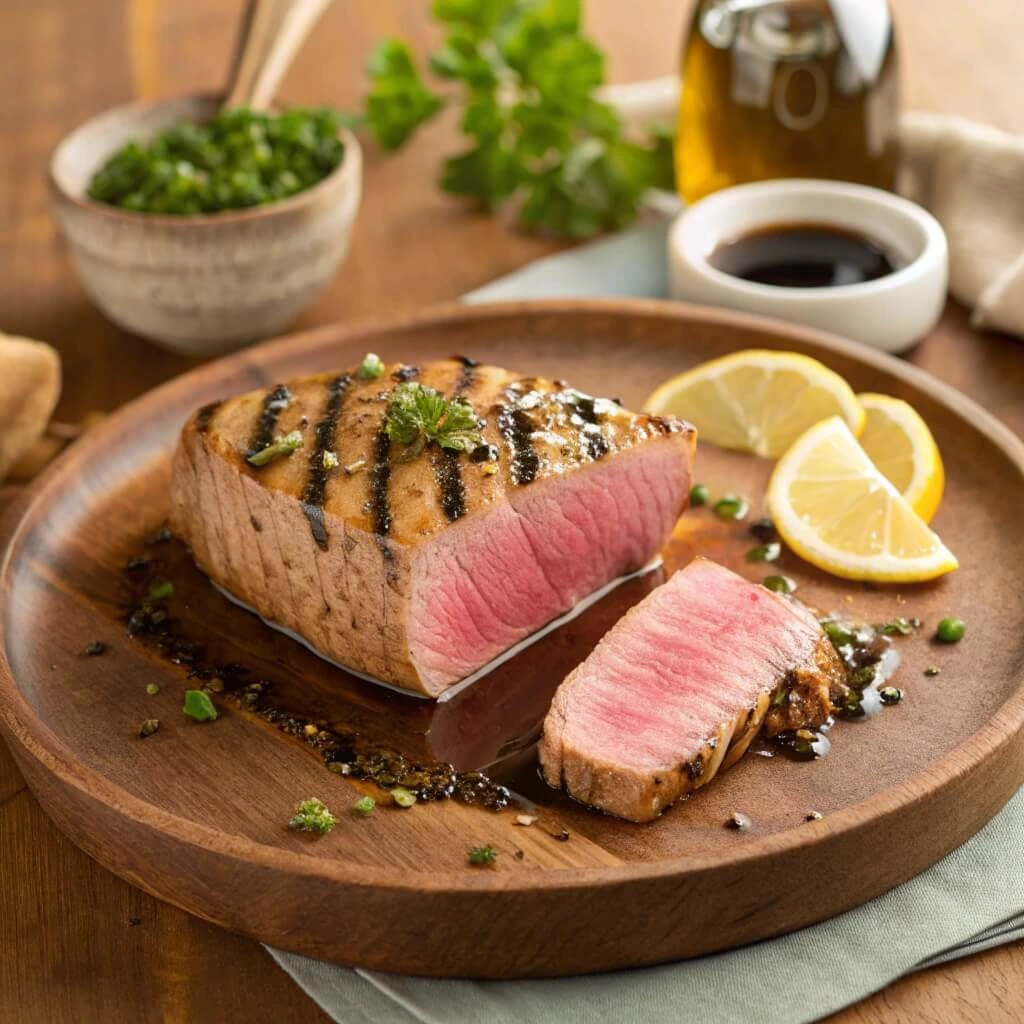 Tuna steak marinade with garlic, lemon, and soy sauce ingredients