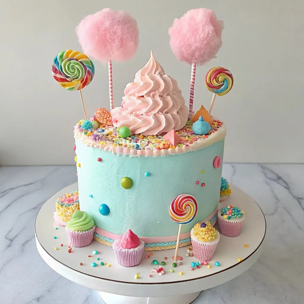 Cotton candy cake with pastel frosting and fluffy cotton candy topping.