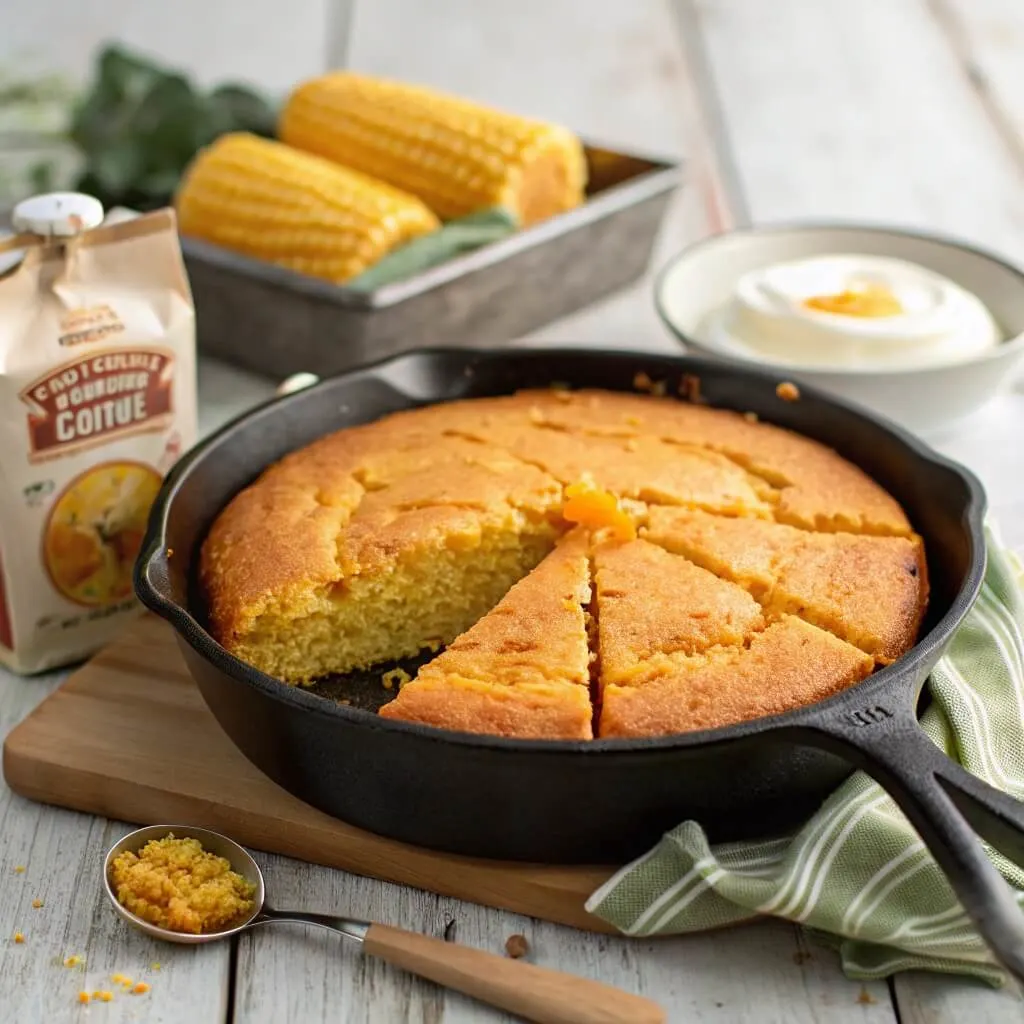 Freshly baked sweet potato cornbread served in a cast-iron skillet