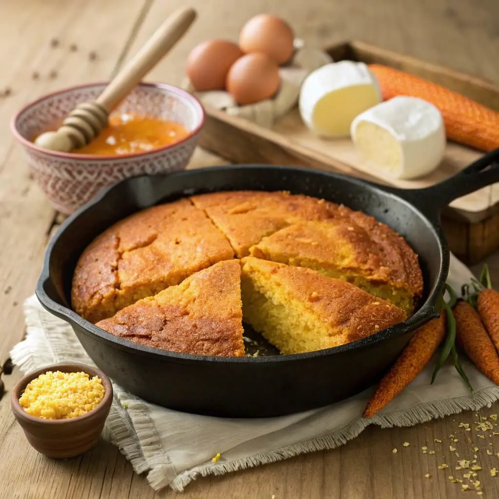 Sweet potato cornbread topped with honey and served with sour cream