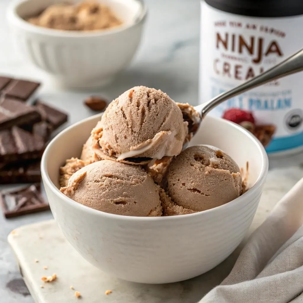 Ninja Creami protein ice cream being scooped, showing its thick and creamy texture.

