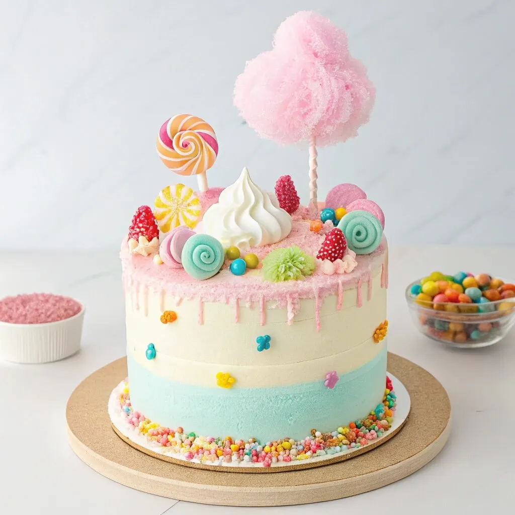 Close-up of a sliced cotton candy cake with soft layers and vibrant sprinkles.