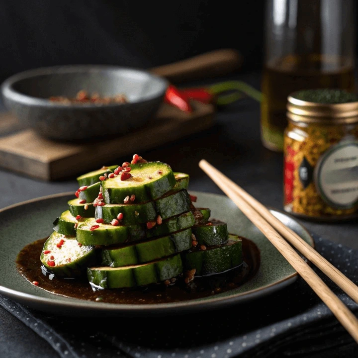 Din Tai Fung cucumber recipe with fresh cucumbers, chili oil, soy sauce, and vinegar.