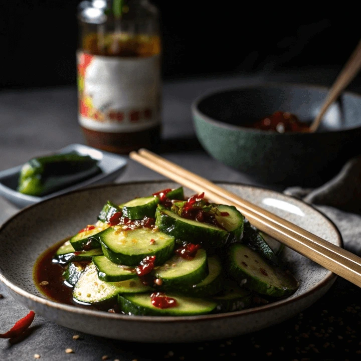 Din Tai Fung cucumber recipe served with a side of chili oil and vinegar.