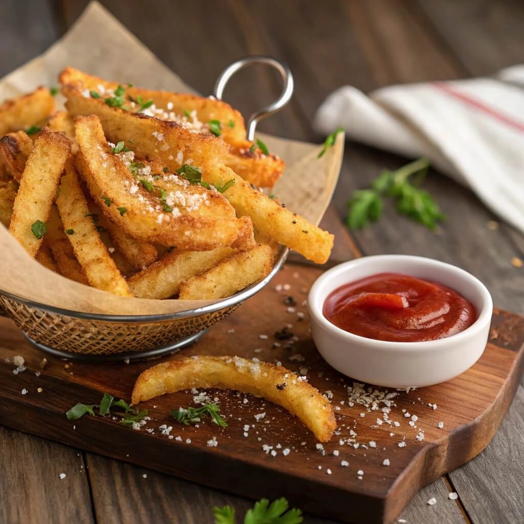 Sidewinder fries freshly fried and seasoned with paprika, garlic powder, and parmesan cheese