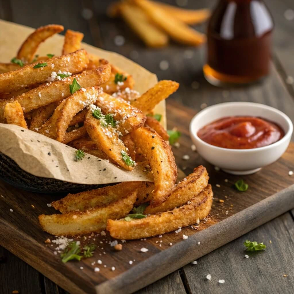 Sidewinder fries served with ranch dipping sauce and a sprinkle of fresh parsley