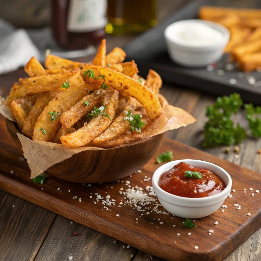 Sidewinder fries on a rustic wooden table, garnished with parmesan and fresh parsley