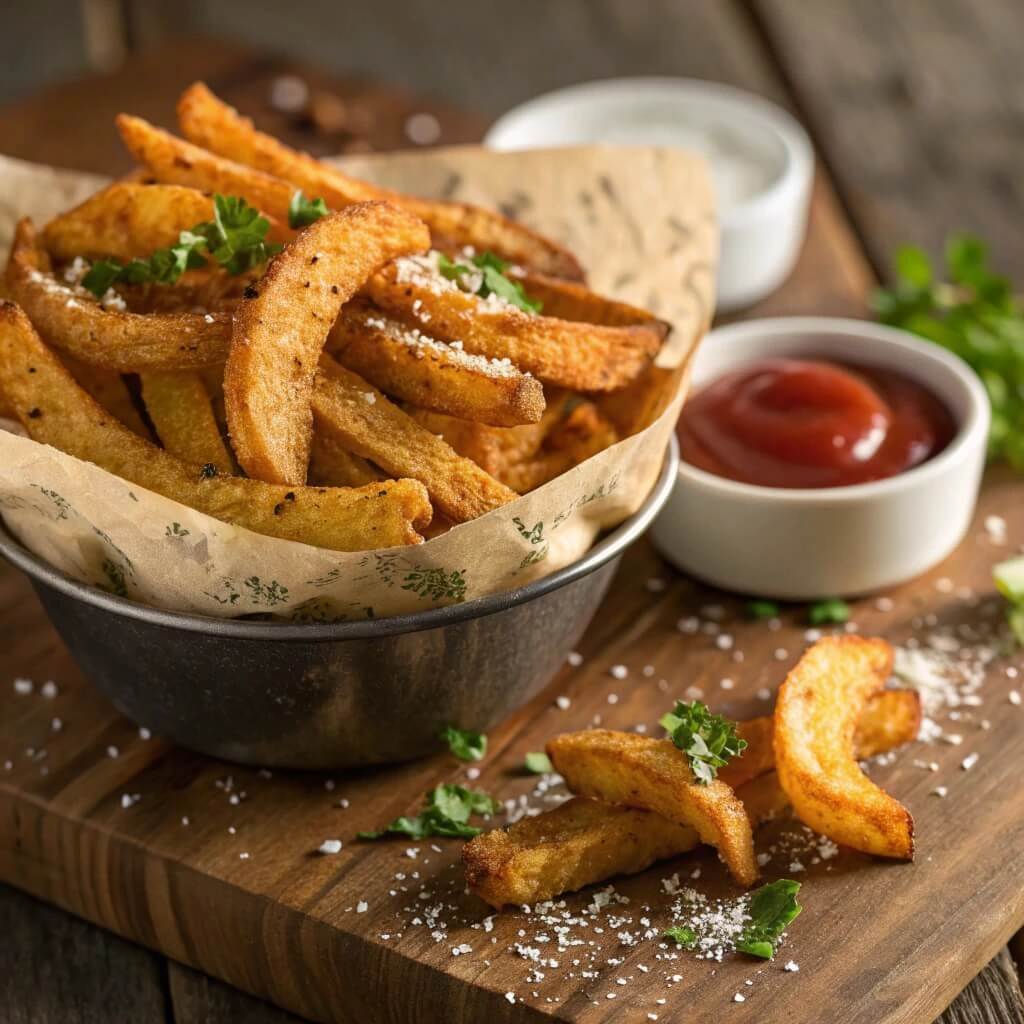 How to make sidewinder fries: raw potatoes cut into spiral shapes ready for frying