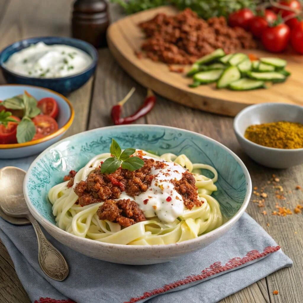 Modern Turkish pasta with grilled vegetables, Greek yogurt alfredo sauce, and a sprinkle of sumac for extra flavor.