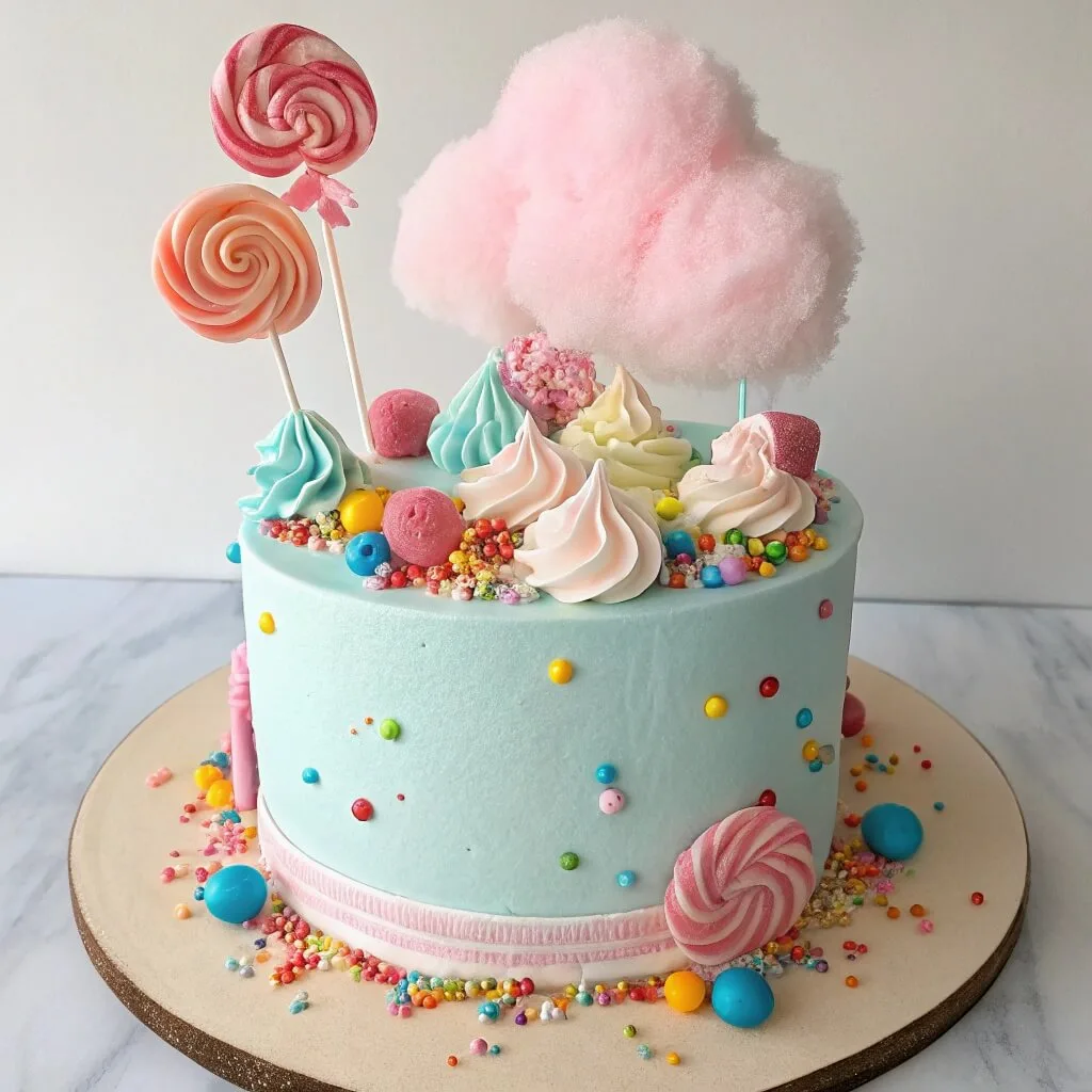 Cotton candy cake decorated with edible glitter and candy sprinkles.