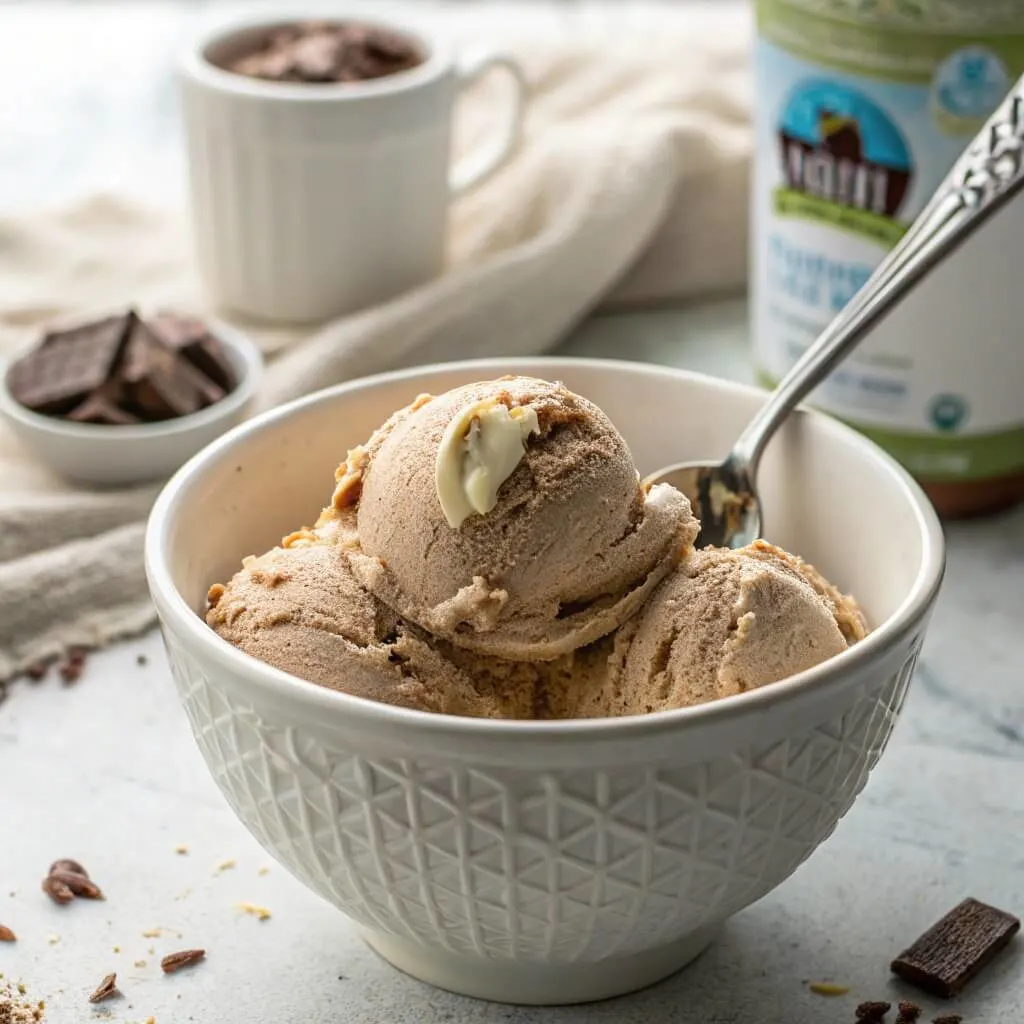 A container of freshly made Ninja Creami protein ice cream next to protein powder and Fairlife milk.

