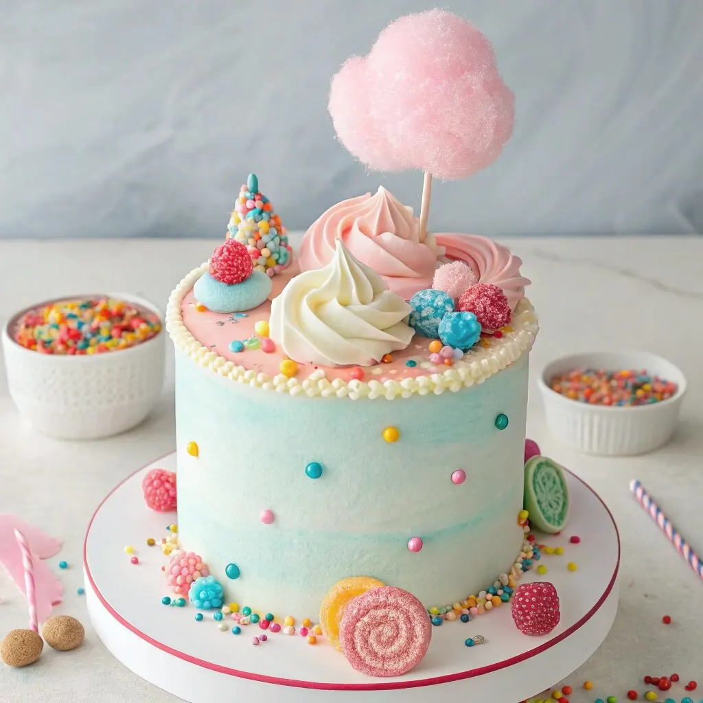 A birthday table with a cotton candy cake as the centerpiece.