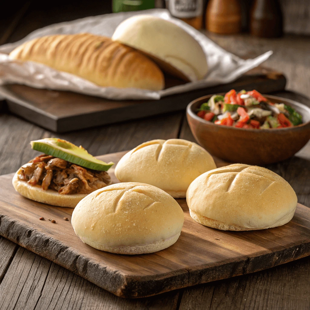 Toasted telera roll topped with melted cheese and beans for a fusion dish.