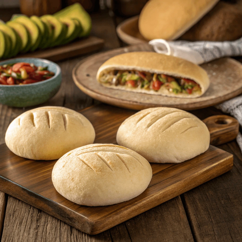 Freshly baked telera rolls with signature top slits on a wooden board.